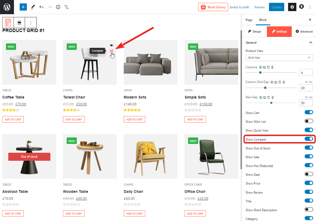 Add product compare to shop pages