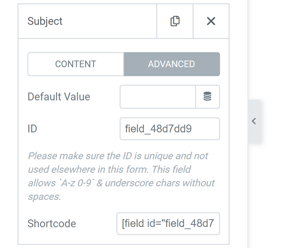 Elementor field settings advanced tab