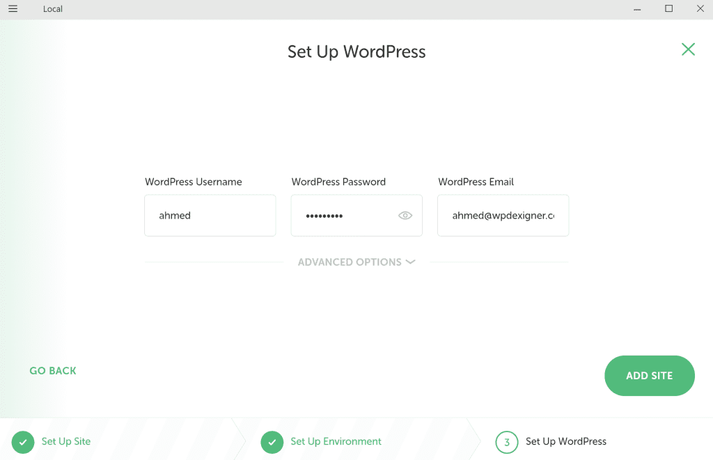 Setup WordPress by entering admin details