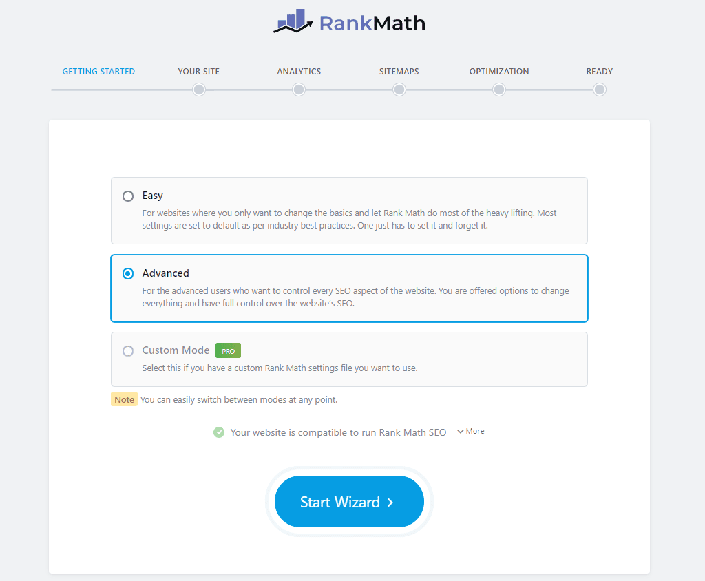 choose a mode to set up rank math