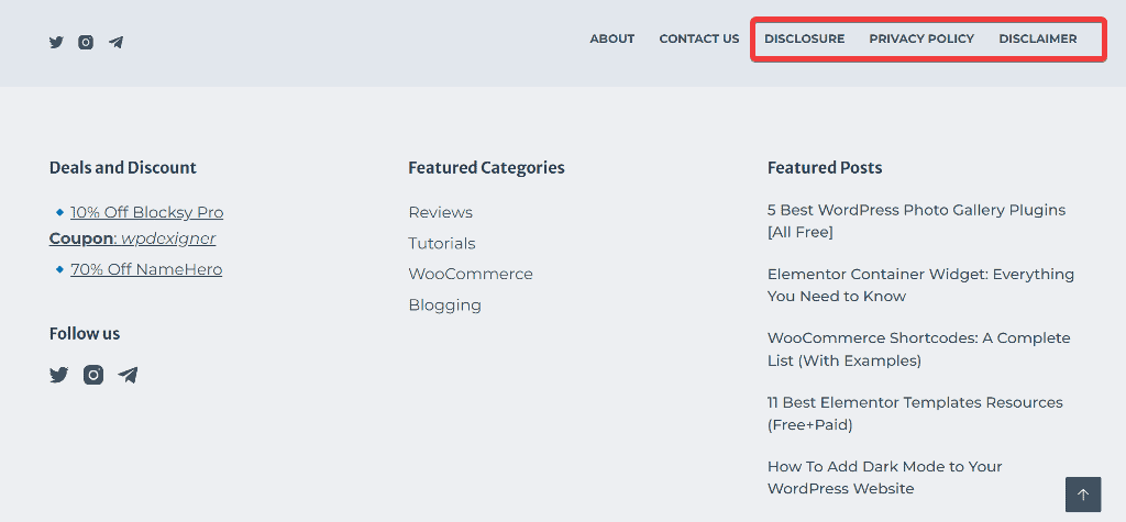 website legal pages in footer